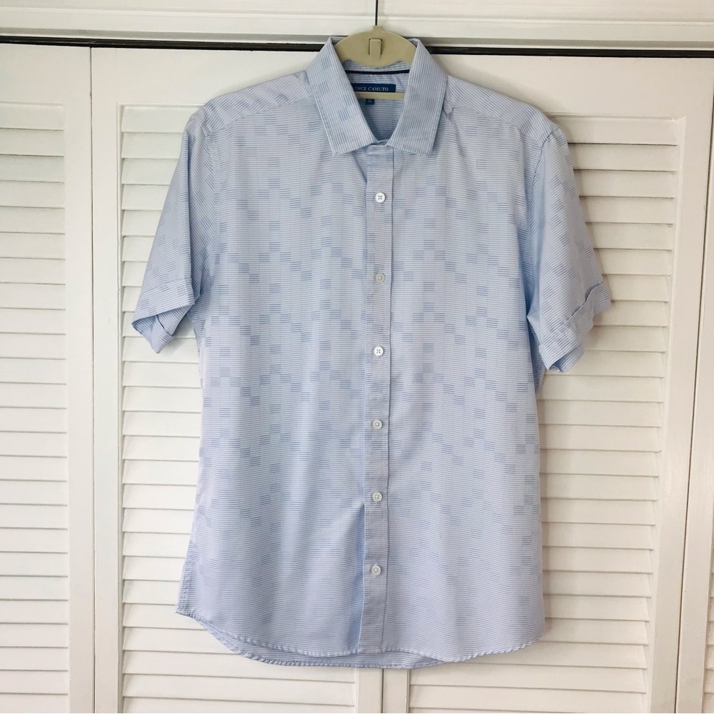 VINCE CAMUTO Blue White Striped Short Sleeve Button Down Shirt Size Medium